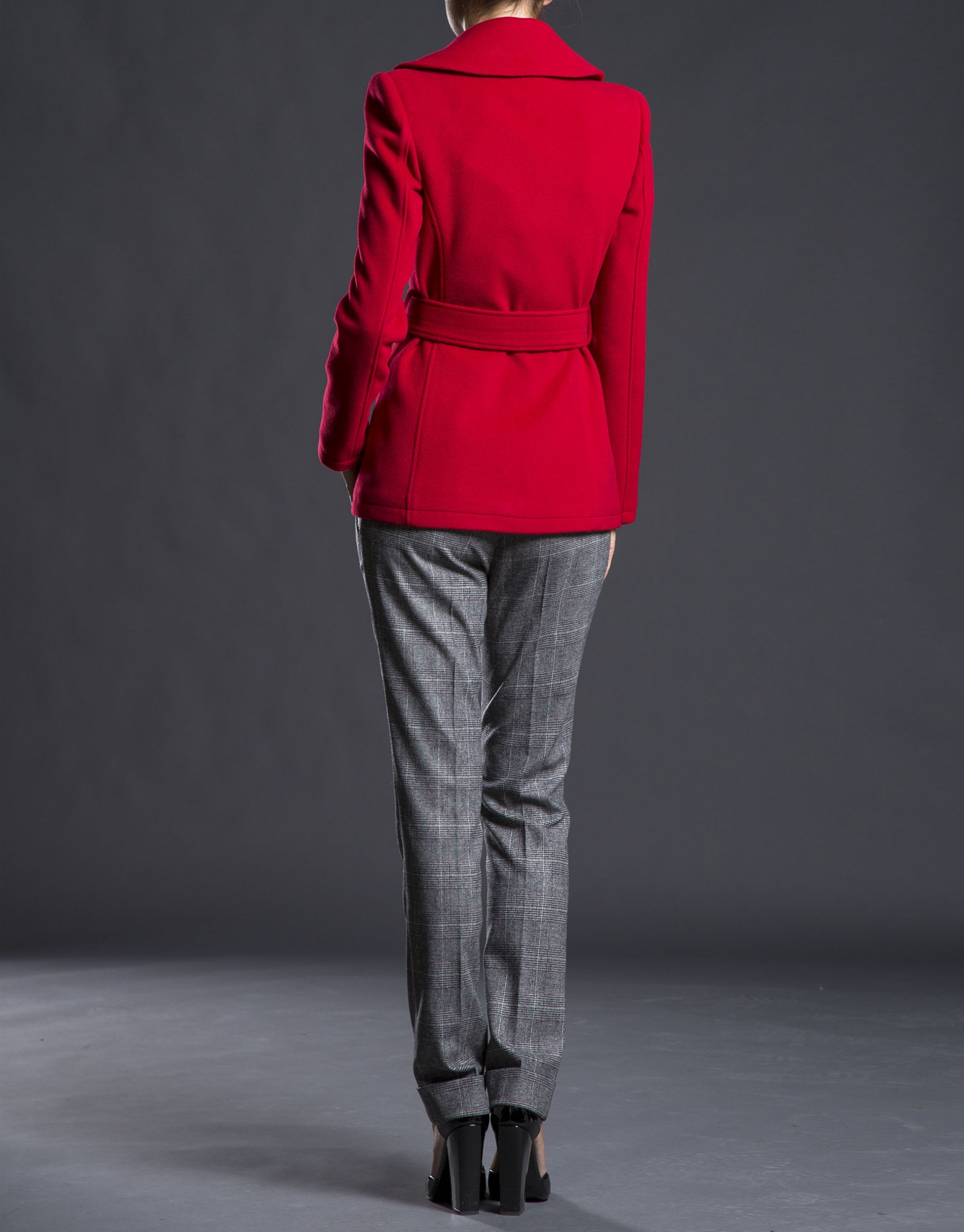 Double-breasted red jacket with belt