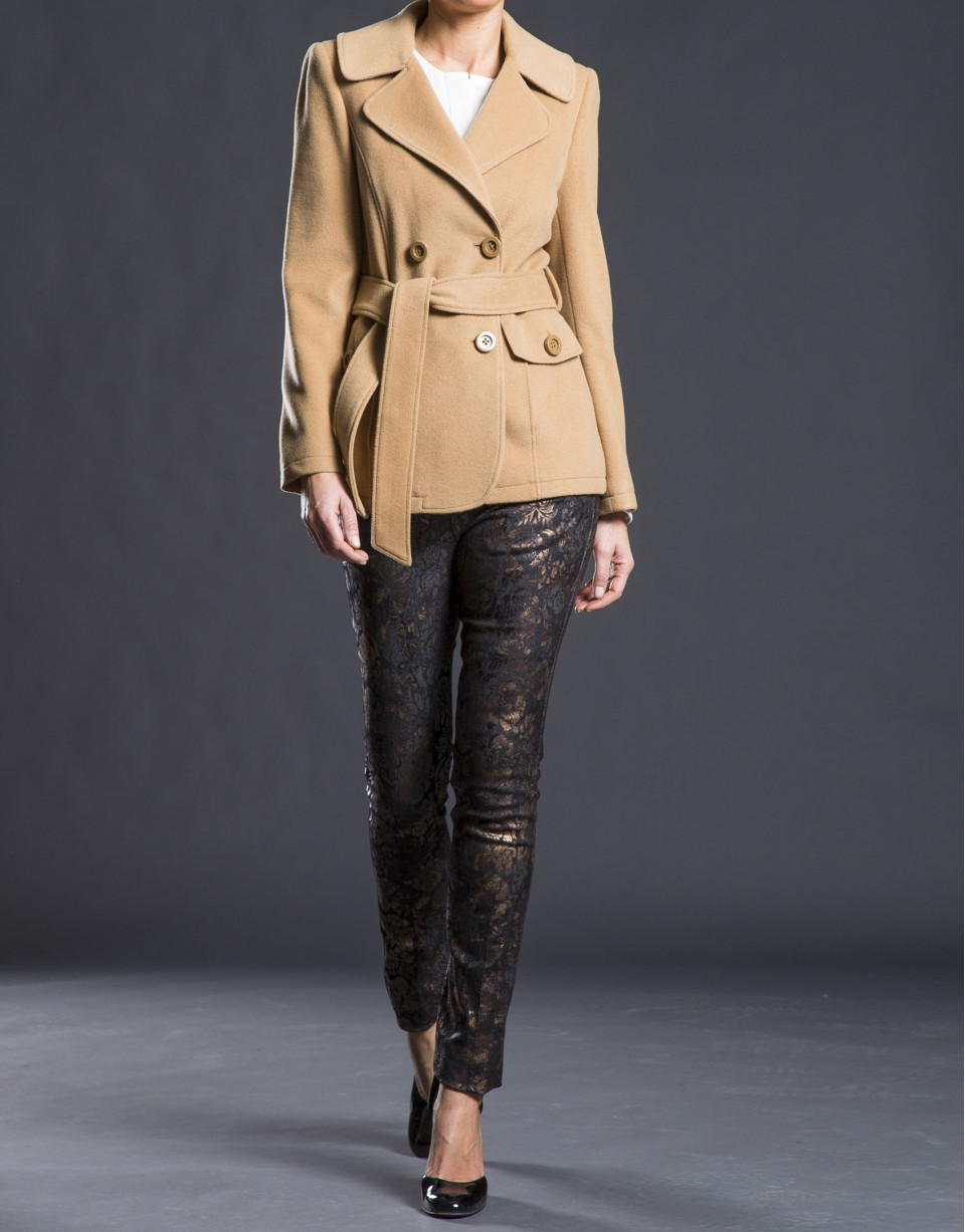 Double-breasted camel jacket with belt
