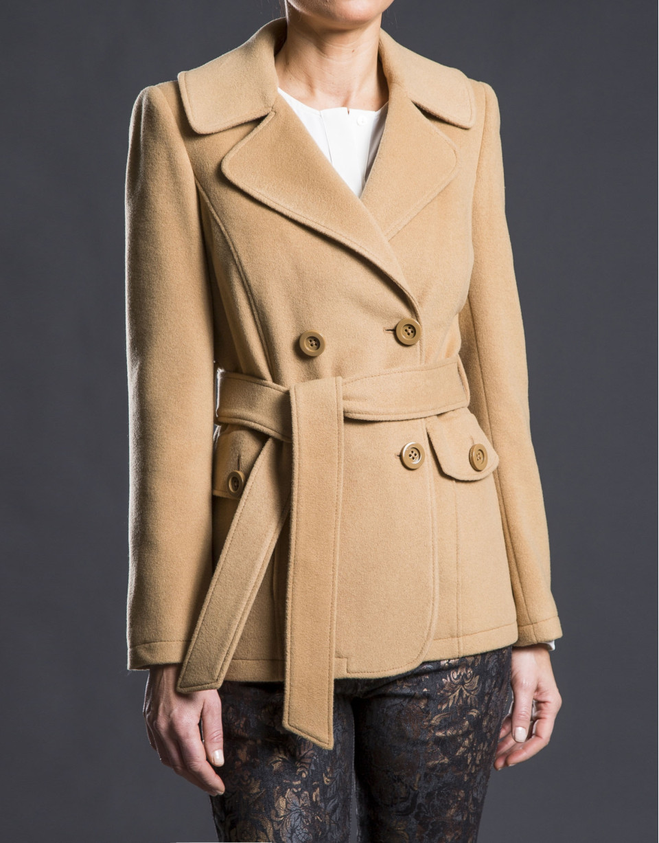 Double-breasted camel jacket with belt