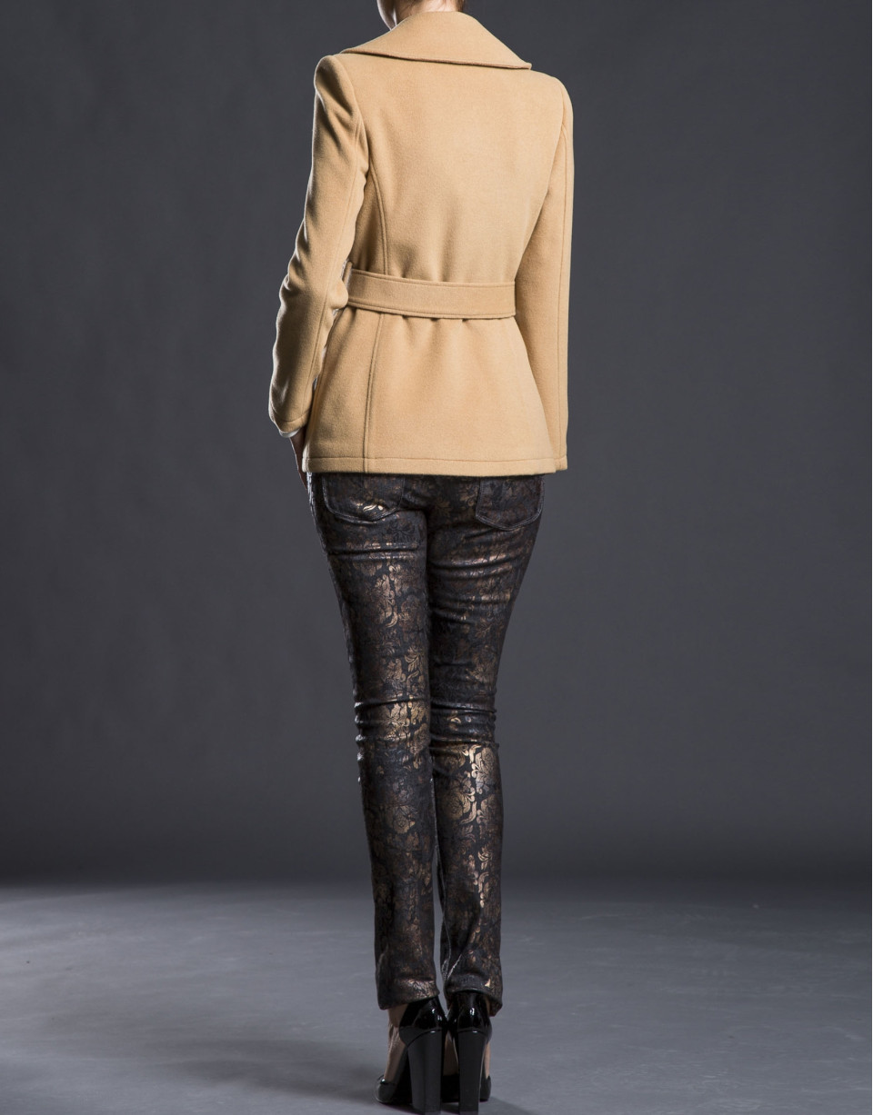 Double-breasted camel jacket with belt