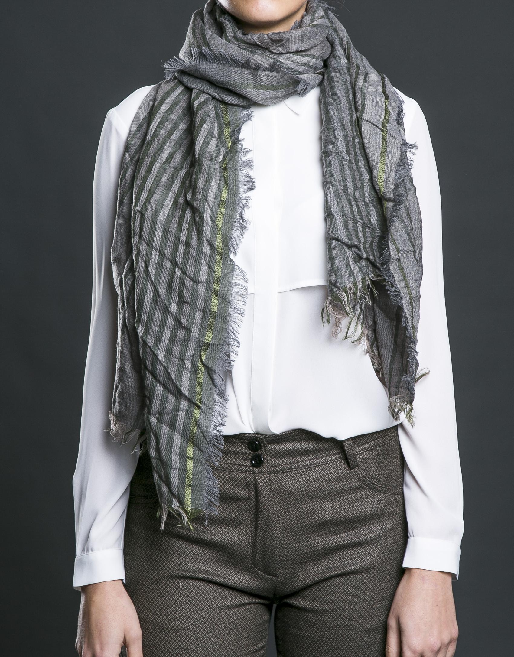 Grey scarf with green stripes