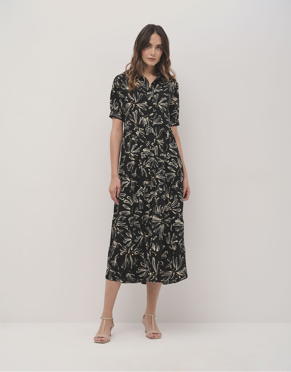 Vestido camisero midi negro estampado flores ... | Roberto Verino