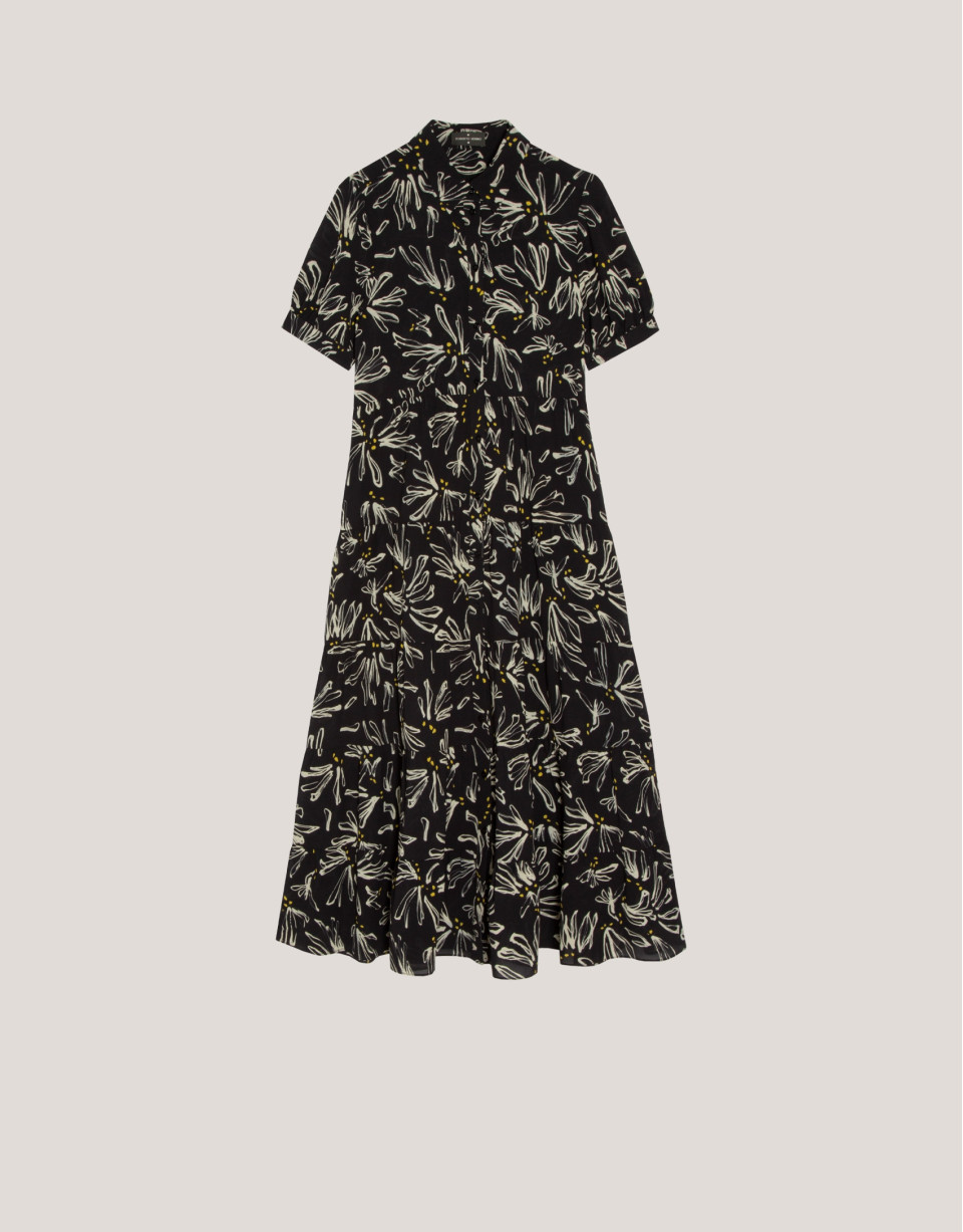 Vestido camisero midi negro estampado flores ... | Roberto Verino