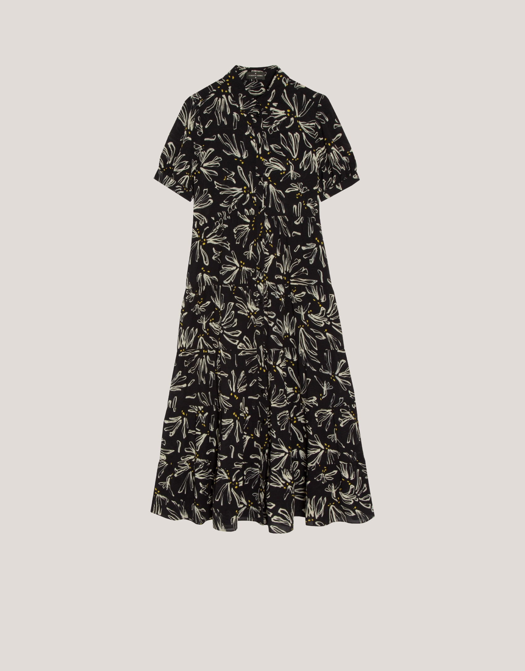 Vestido camisero midi negro estampado flores ... | Roberto Verino