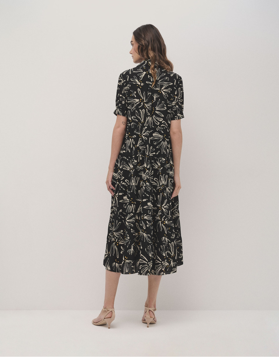 Vestido camisero midi negro estampado flores ... | Roberto Verino