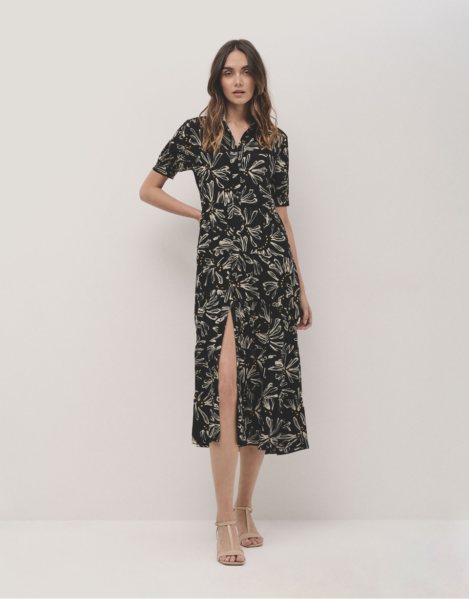 Vestido camisero midi negro estampado flores ... | Roberto Verino
