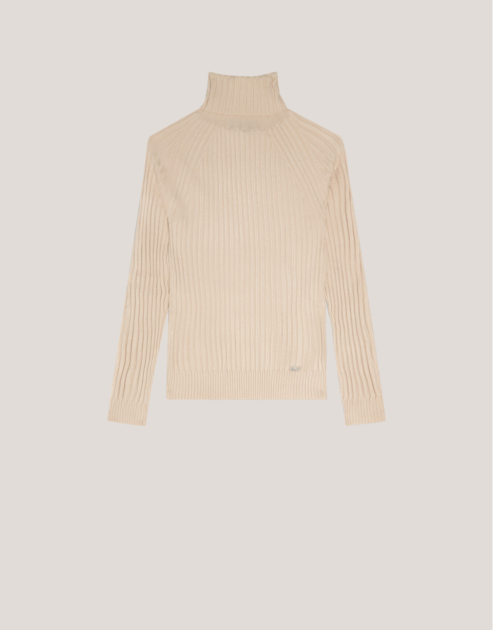 Jersey cuello subido canalé beige - Mujer | Roberto Verino