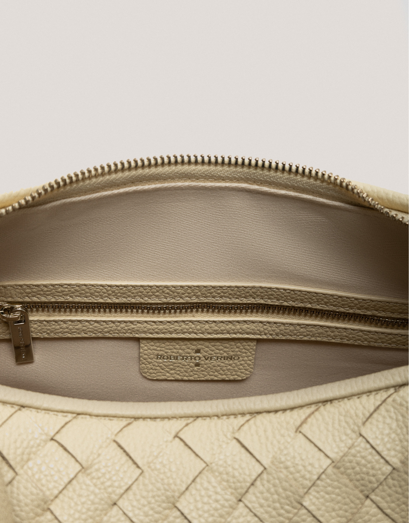 Large beige braided leather Erea Moon Maxi ... | Roberto Verino