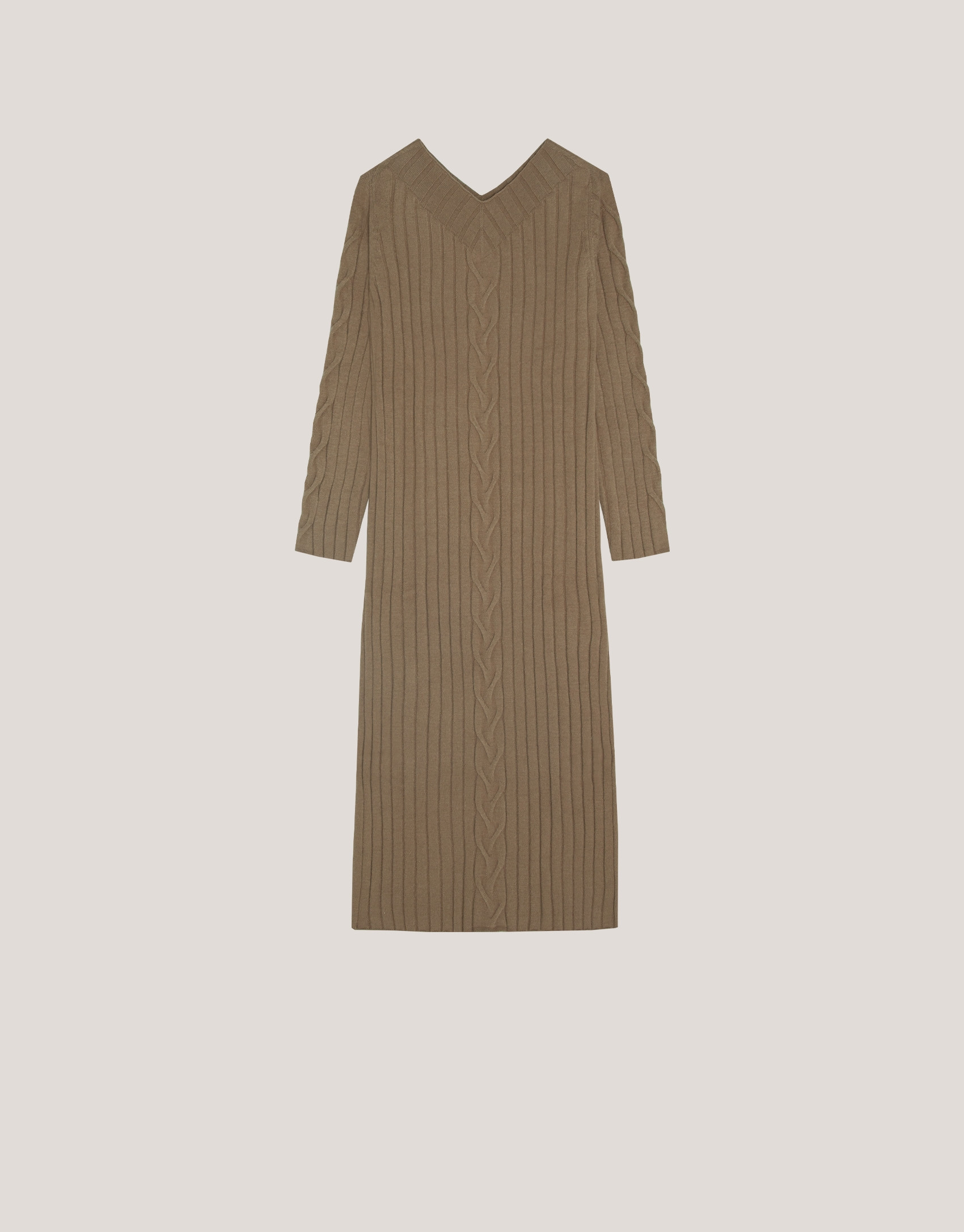 Camel rib knited midi dres with cable pattern | Roberto Verino