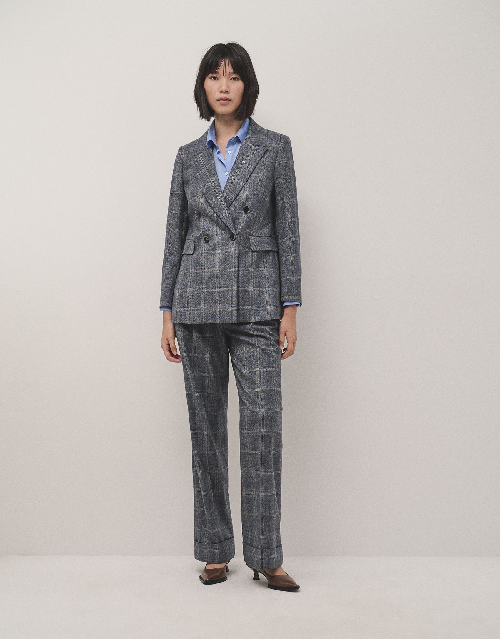 Blazer cruzada lana cuadro gales gris y azul | Roberto Verino
