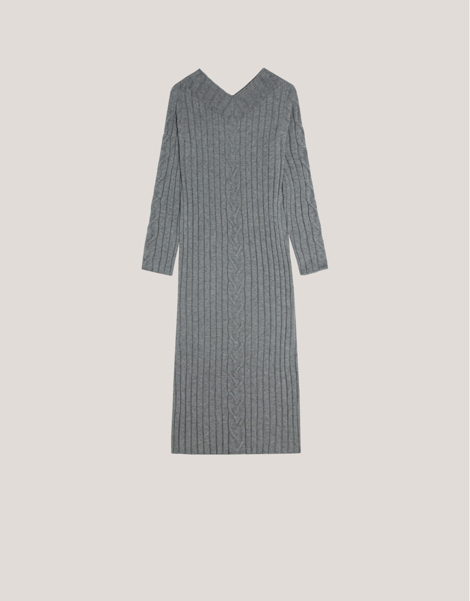 Grey rib knited midi dres with cable pattern | Roberto Verino