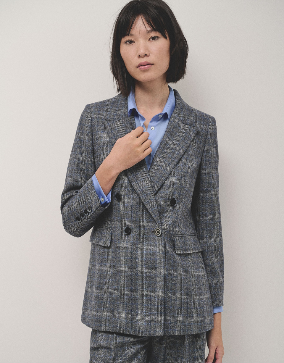 Blazer cruzada lana cuadro gales gris y azul | Roberto Verino