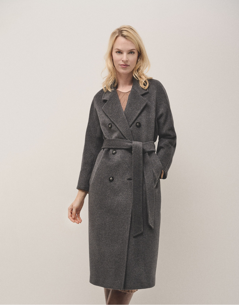 Long grey double-breasted cloth coat - Woman | Roberto Verino