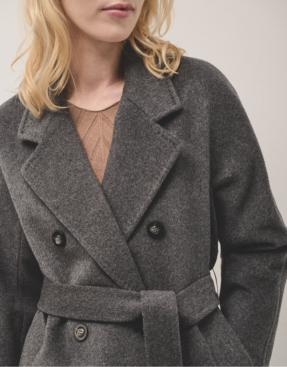 Long grey double-breasted cloth coat - Woman | Roberto Verino