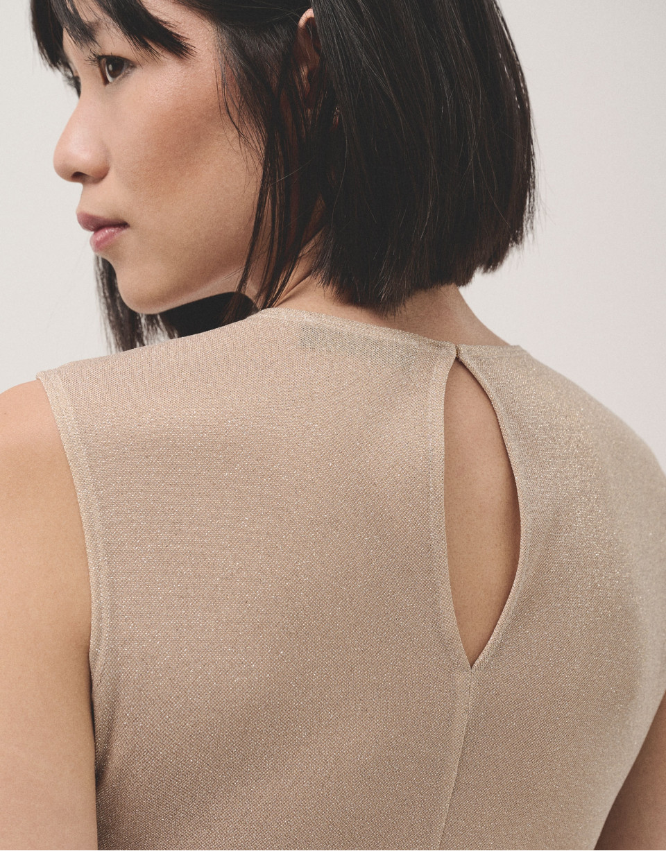 Vestido largo sin mangas en punto brillo beige | Roberto Verino