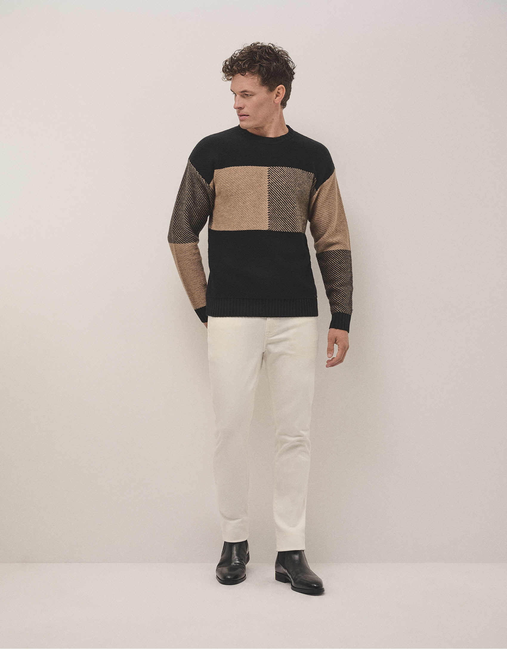 Tartan pattern jumper camel/black - Man | Roberto Verino
