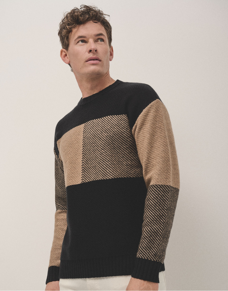 Tartan pattern jumper camel/black - Man | Roberto Verino