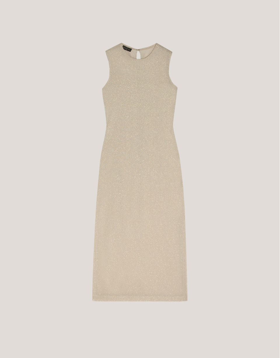 Vestido largo sin mangas en punto brillo beige