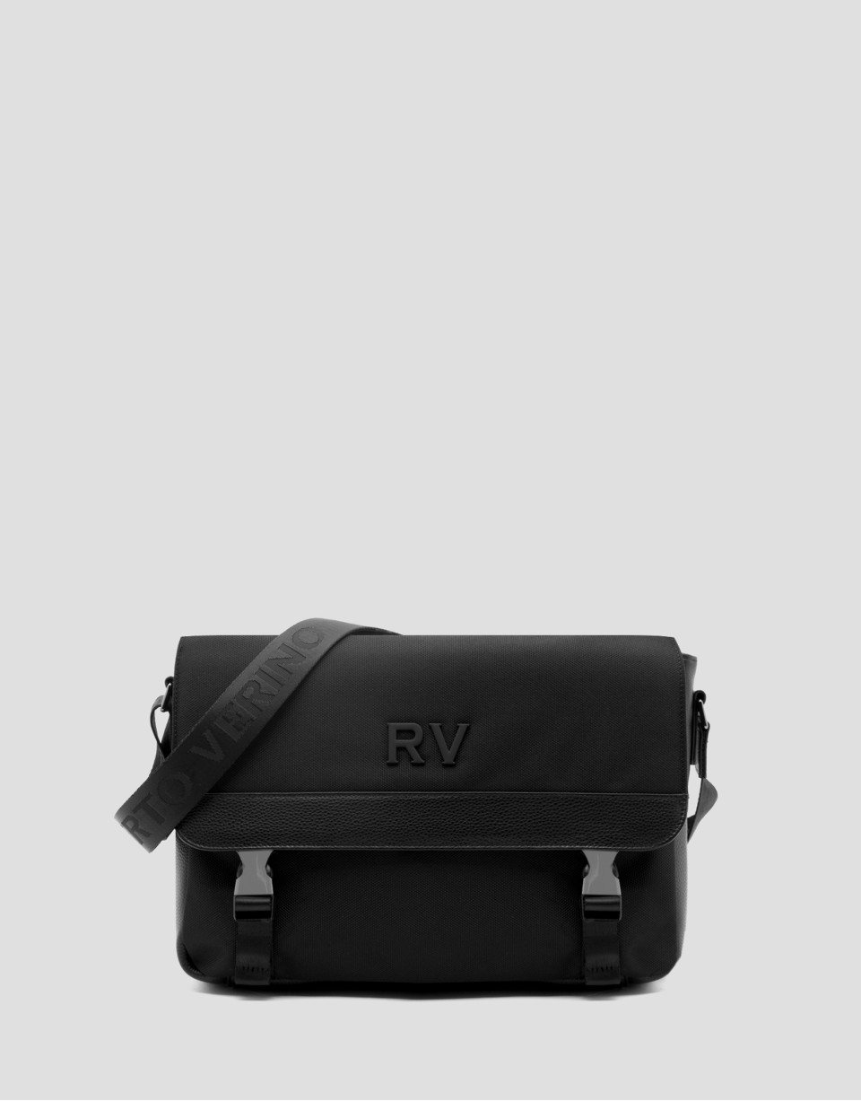 Bolso messenger nailon y piel negro