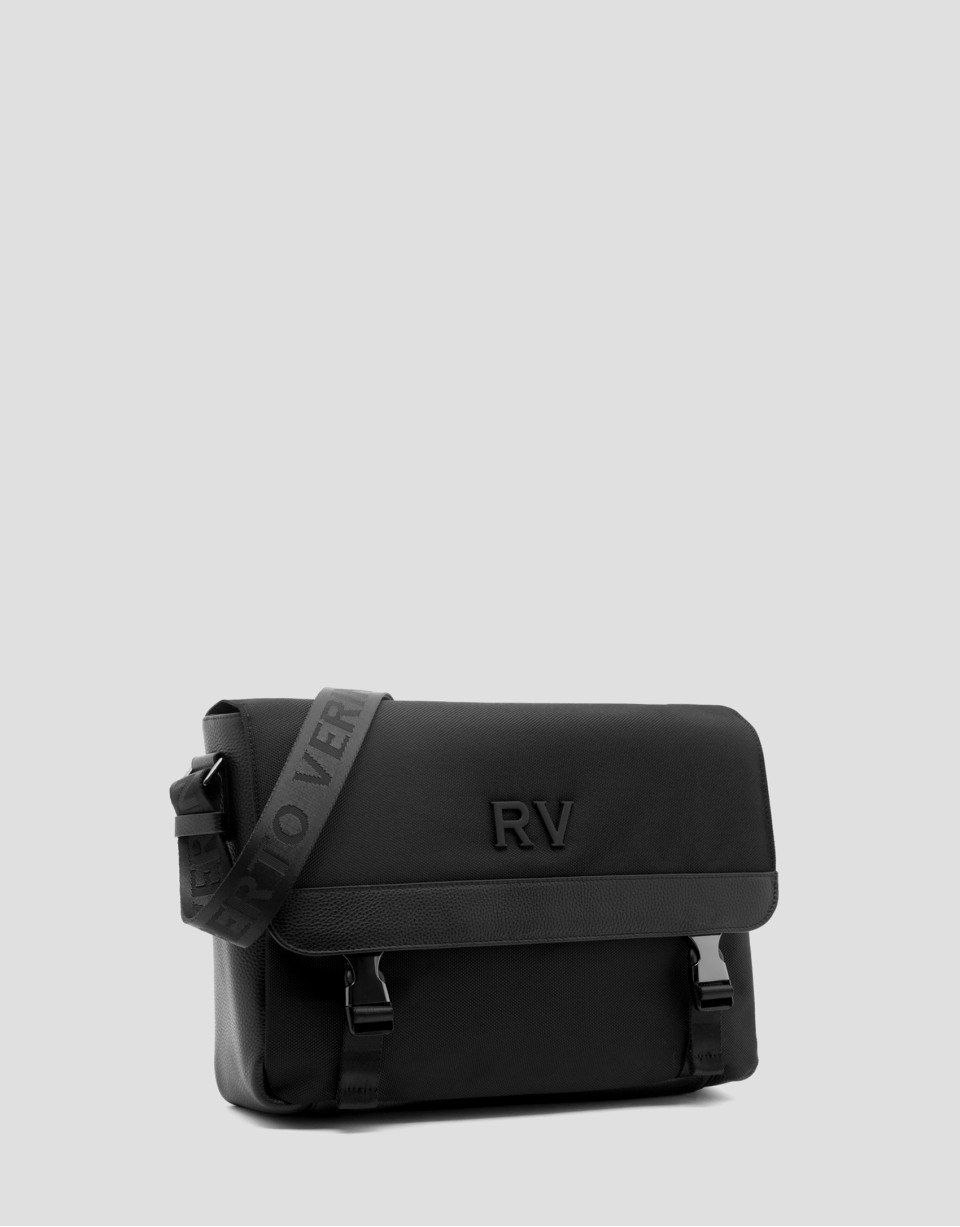 Bolso messenger nailon y piel negro