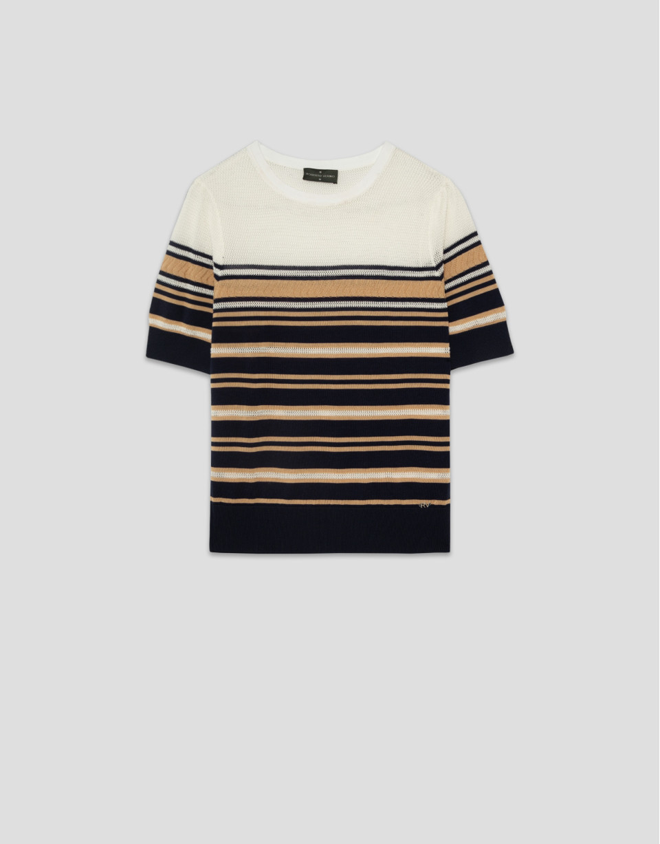 Blue and beige short sleeve knitted t-shirt | Roberto Verino