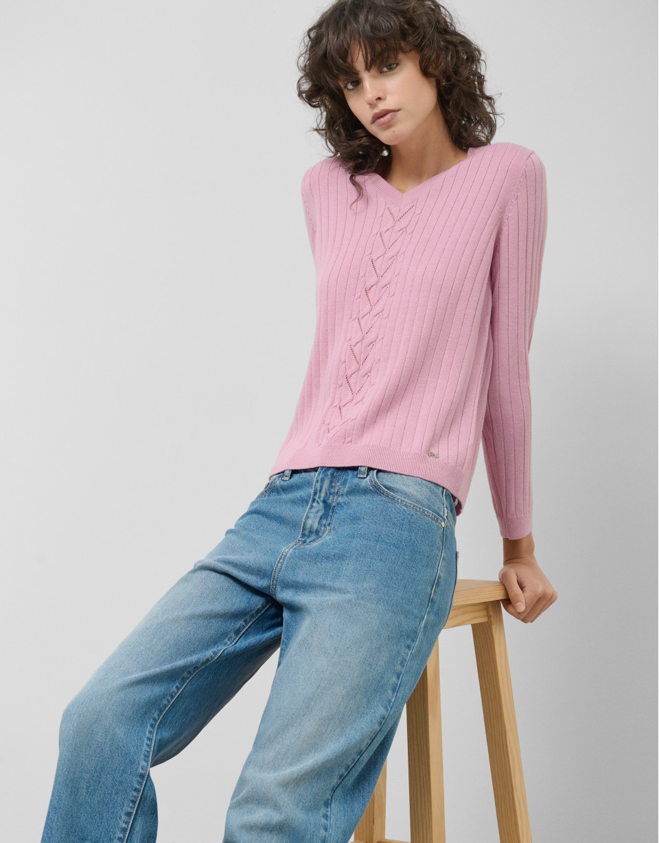 Jersey escote pico lana rosa con franja central