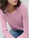 Jersey escote pico lana rosa con franja central