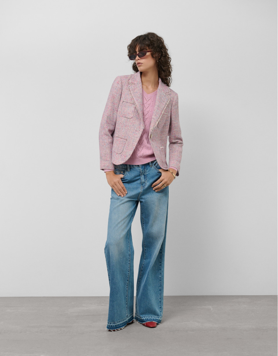 Jersey escote pico lana rosa con franja central