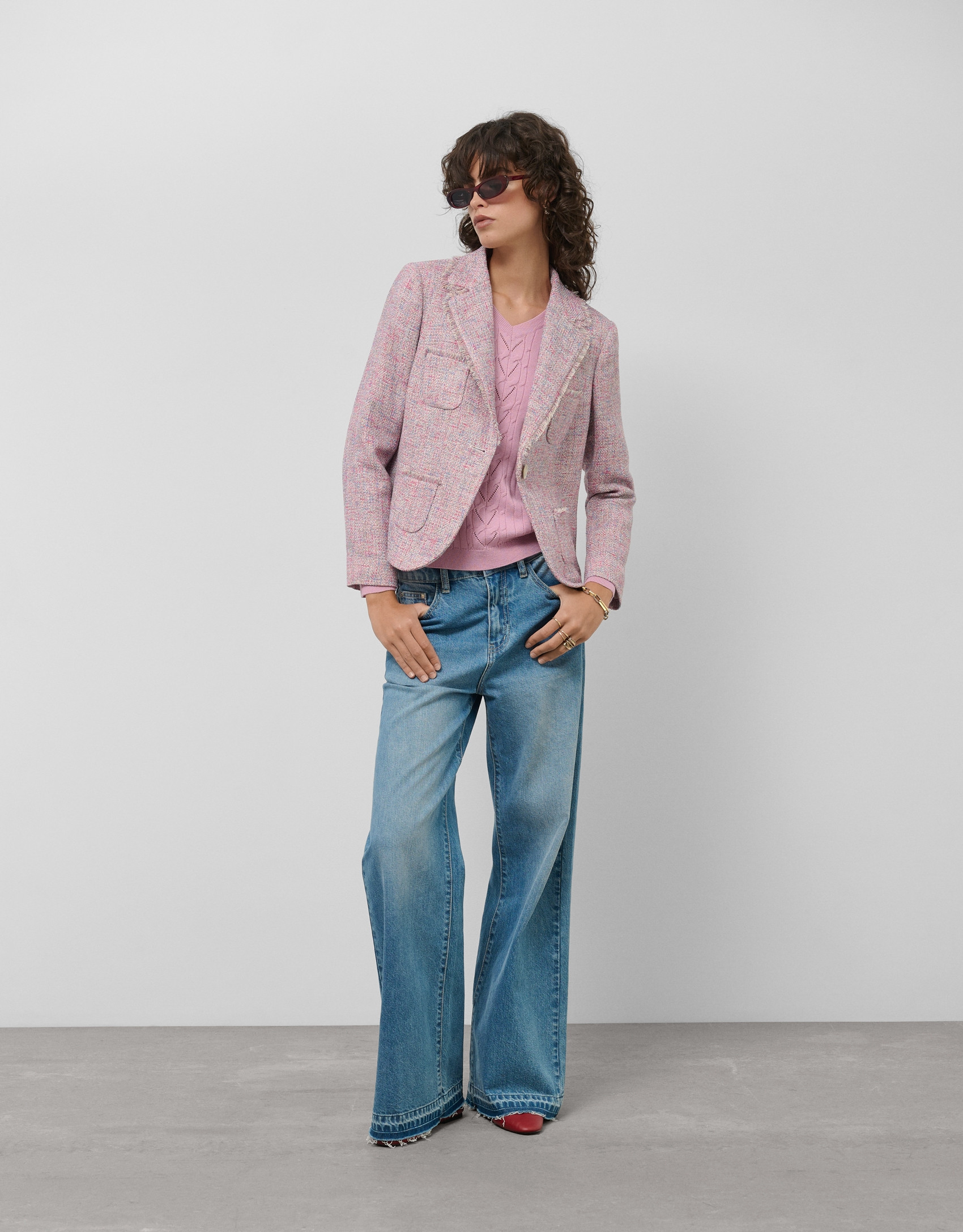 Jersey escote pico lana rosa con franja central