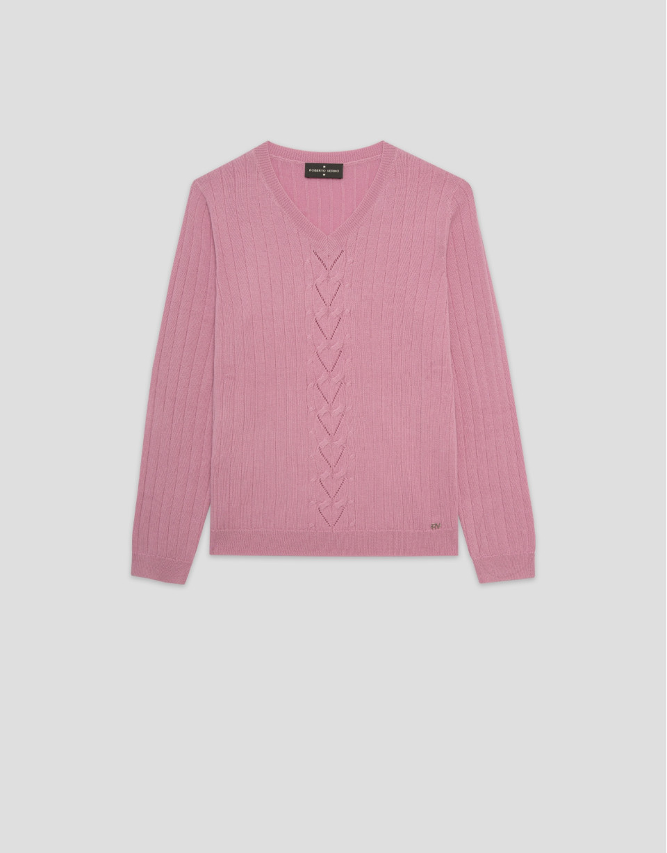Jersey escote pico lana rosa con franja central