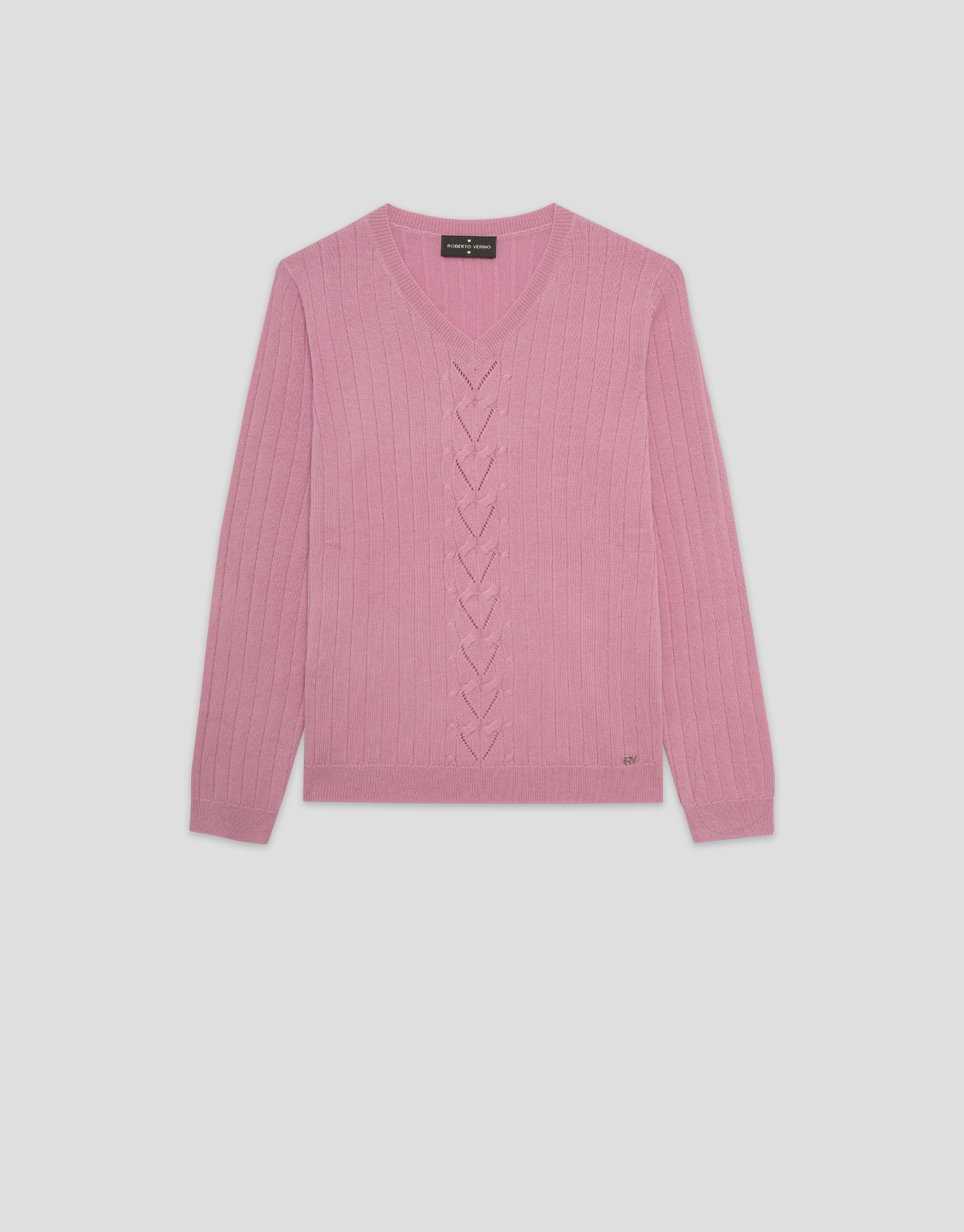 Jersey escote pico lana rosa con franja central