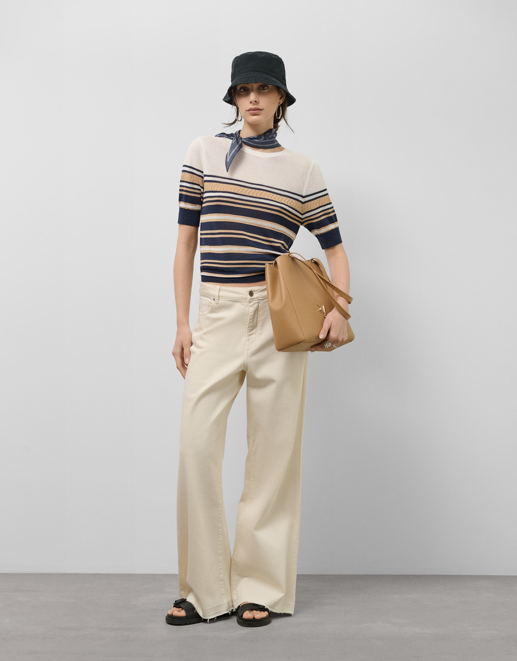 Blue and beige short sleeve knitted t-shirt | Roberto Verino