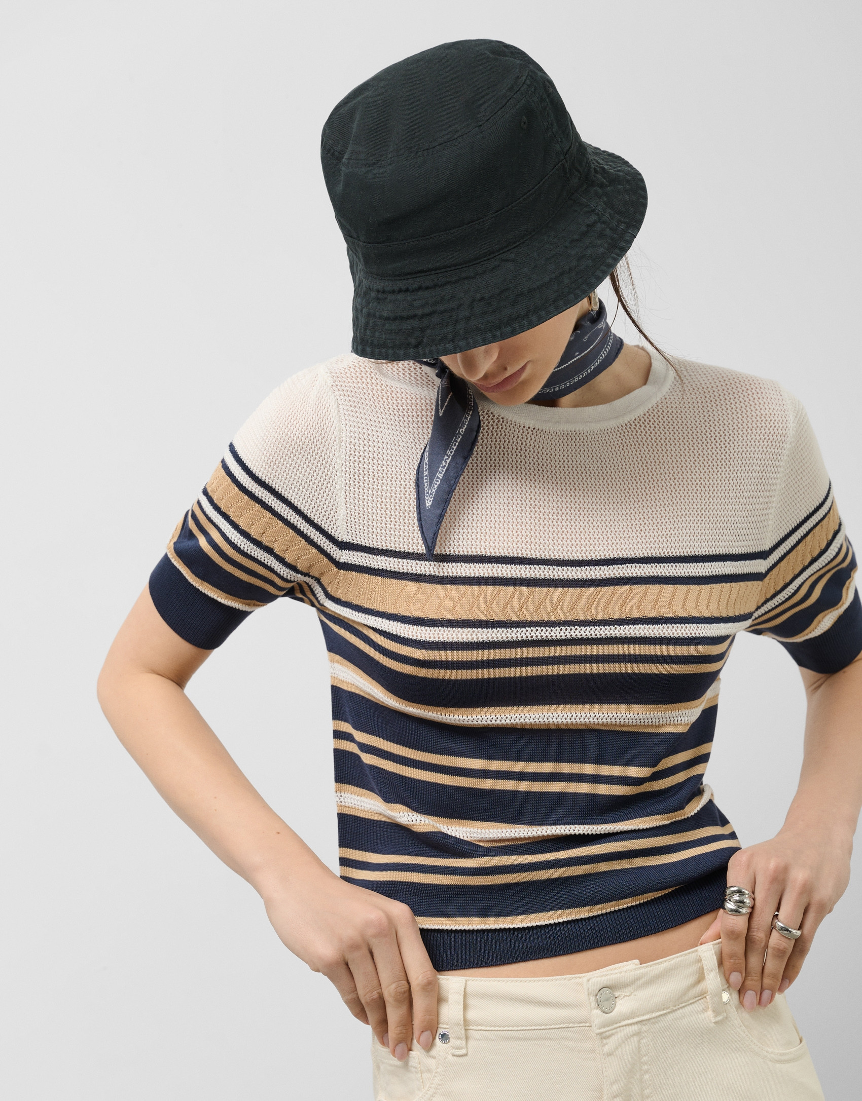 Blue and beige short sleeve knitted t-shirt | Roberto Verino