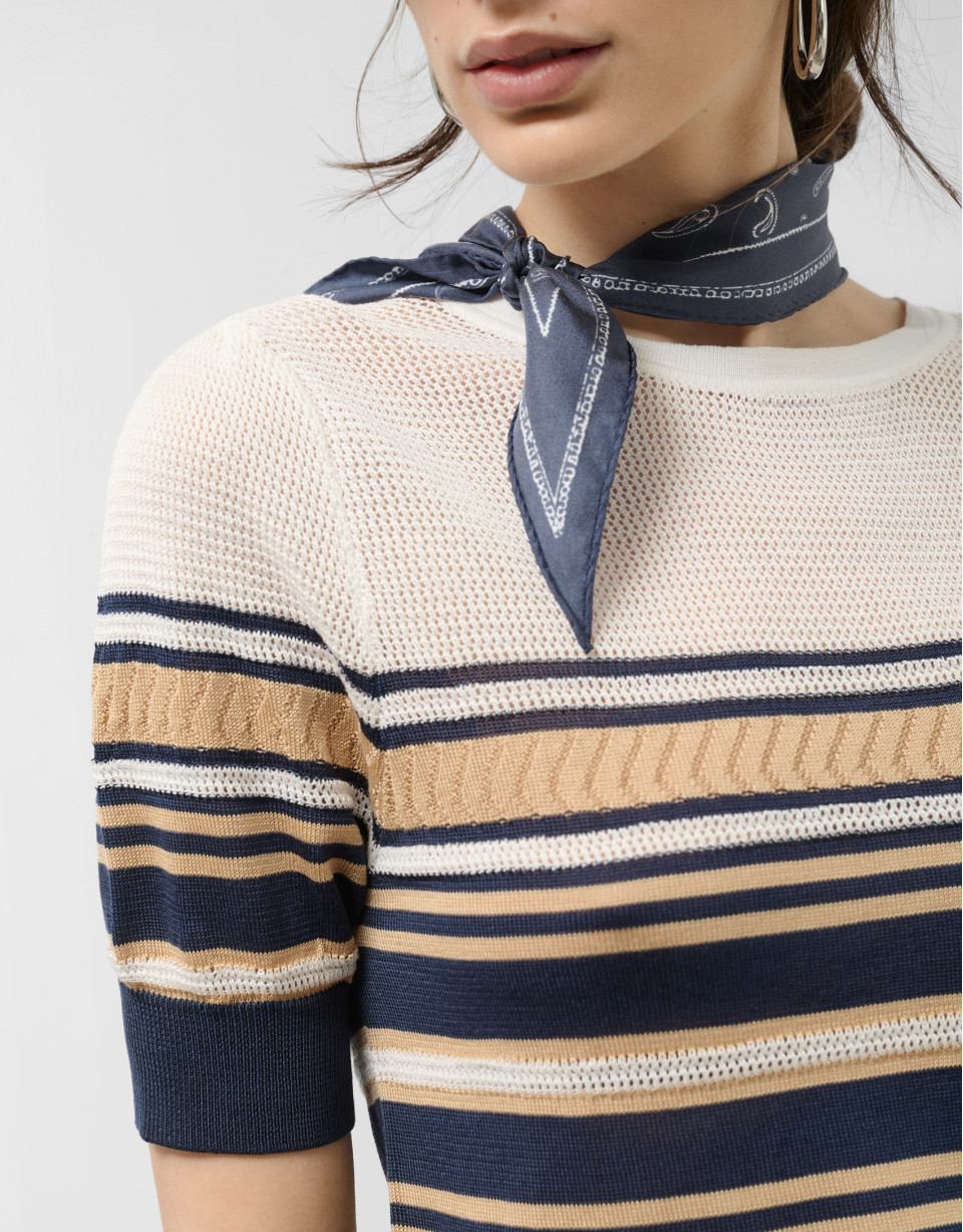 Blue and beige short sleeve knitted t-shirt | Roberto Verino