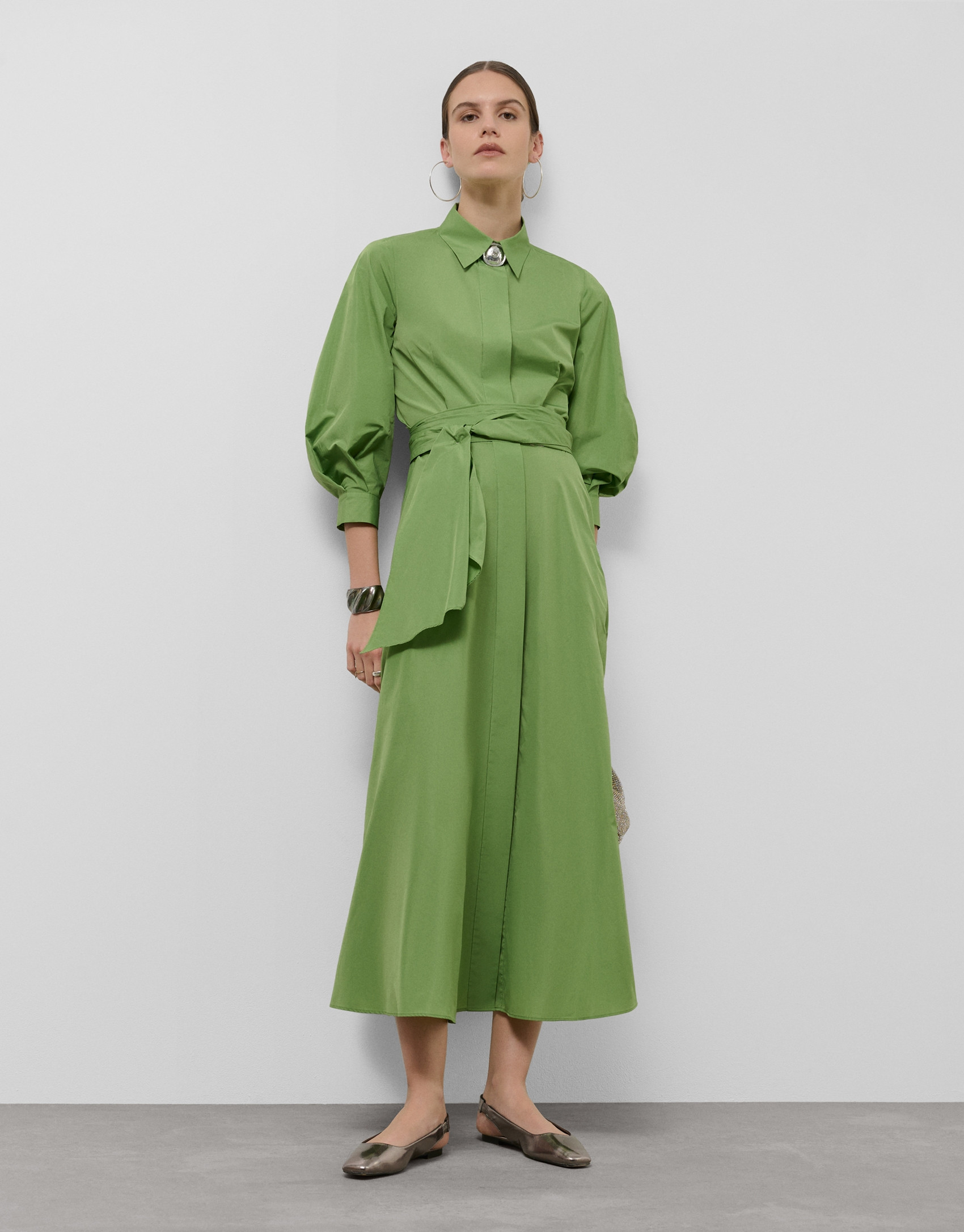 Green taffeta long sleeve midi shirt dress | Roberto Verino