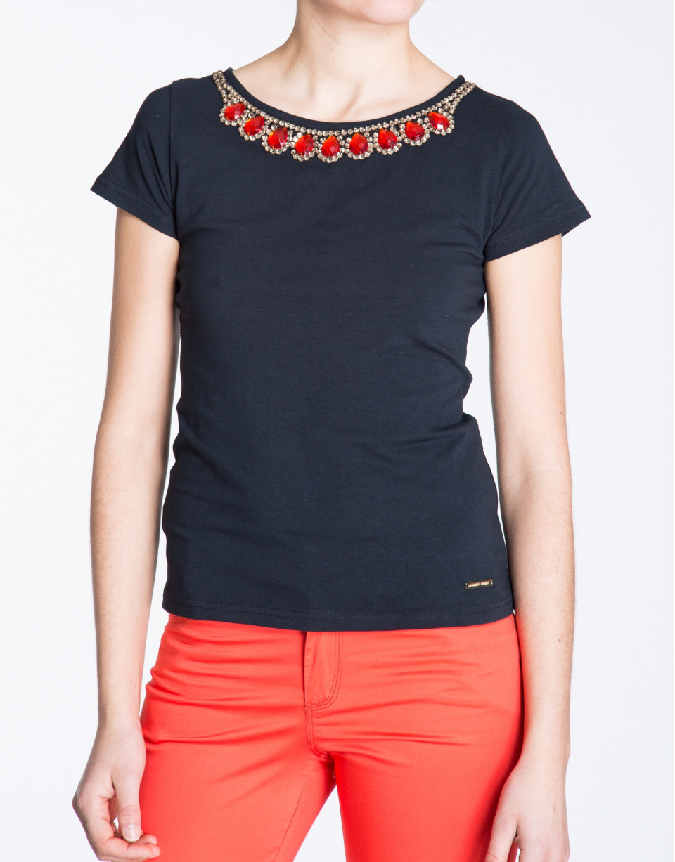 Black cotton top with rhinestone collar 
