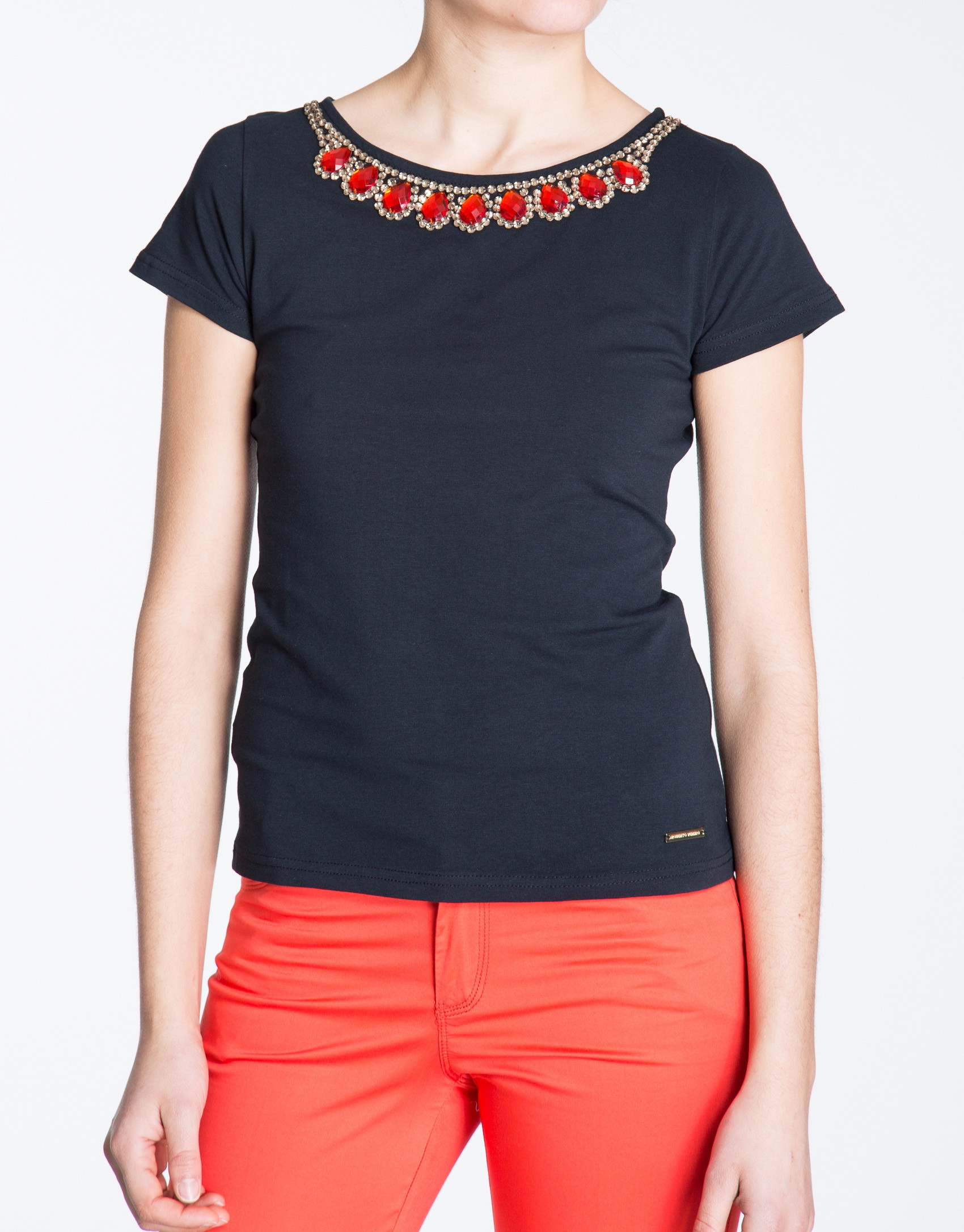 Black cotton top with rhinestone collar 
