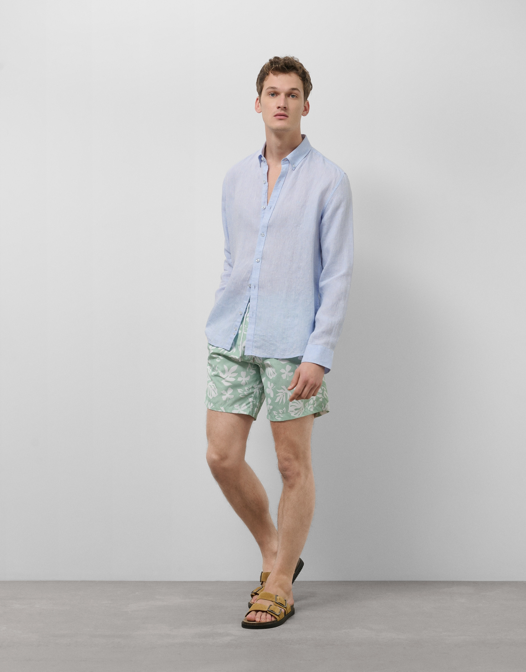 Khaki swimsuit with white leaf print - Man | Roberto Verino