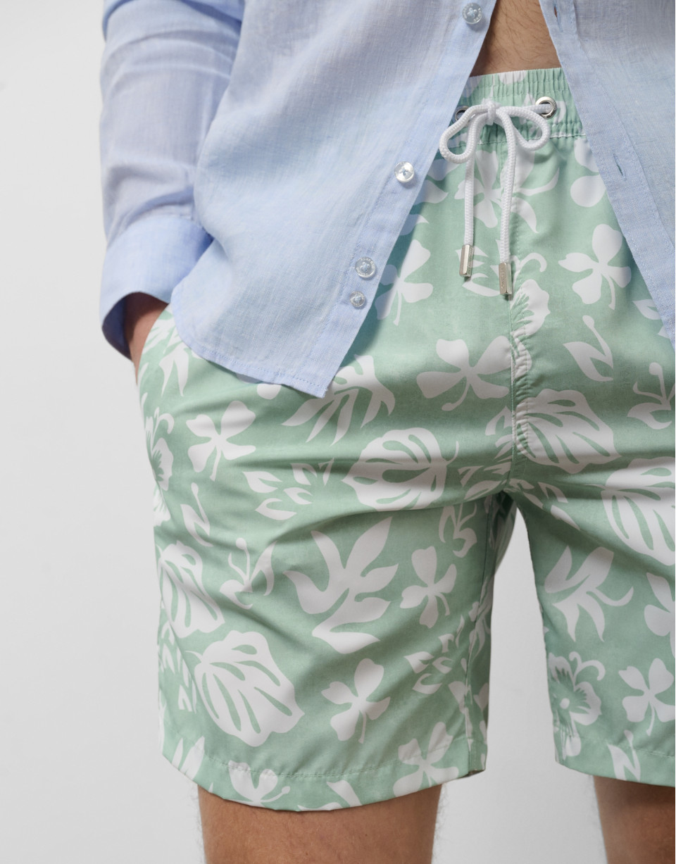 Khaki swimsuit with white leaf print - Man | Roberto Verino