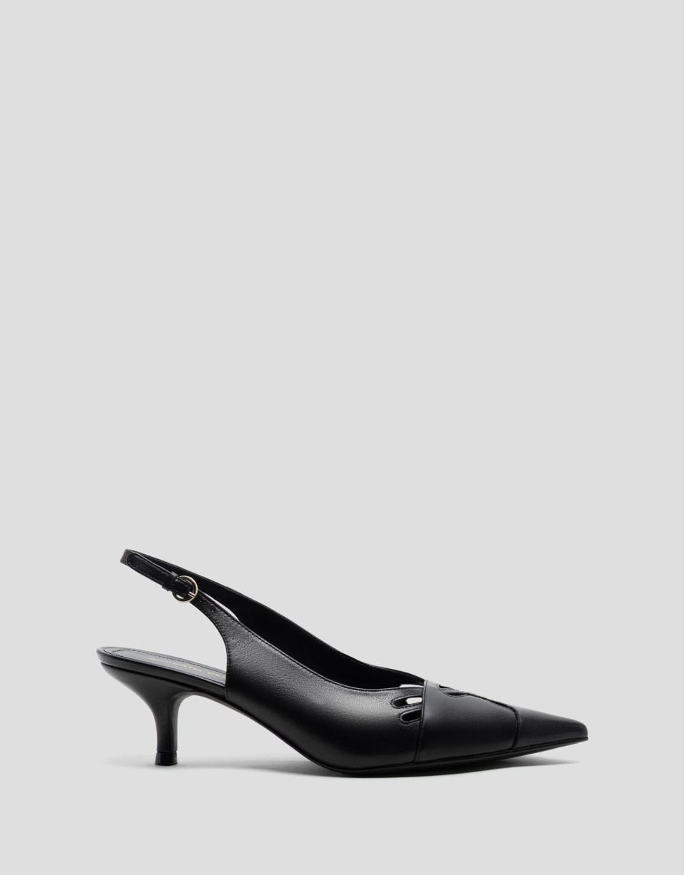 Black leather slingback court shoe with cuts