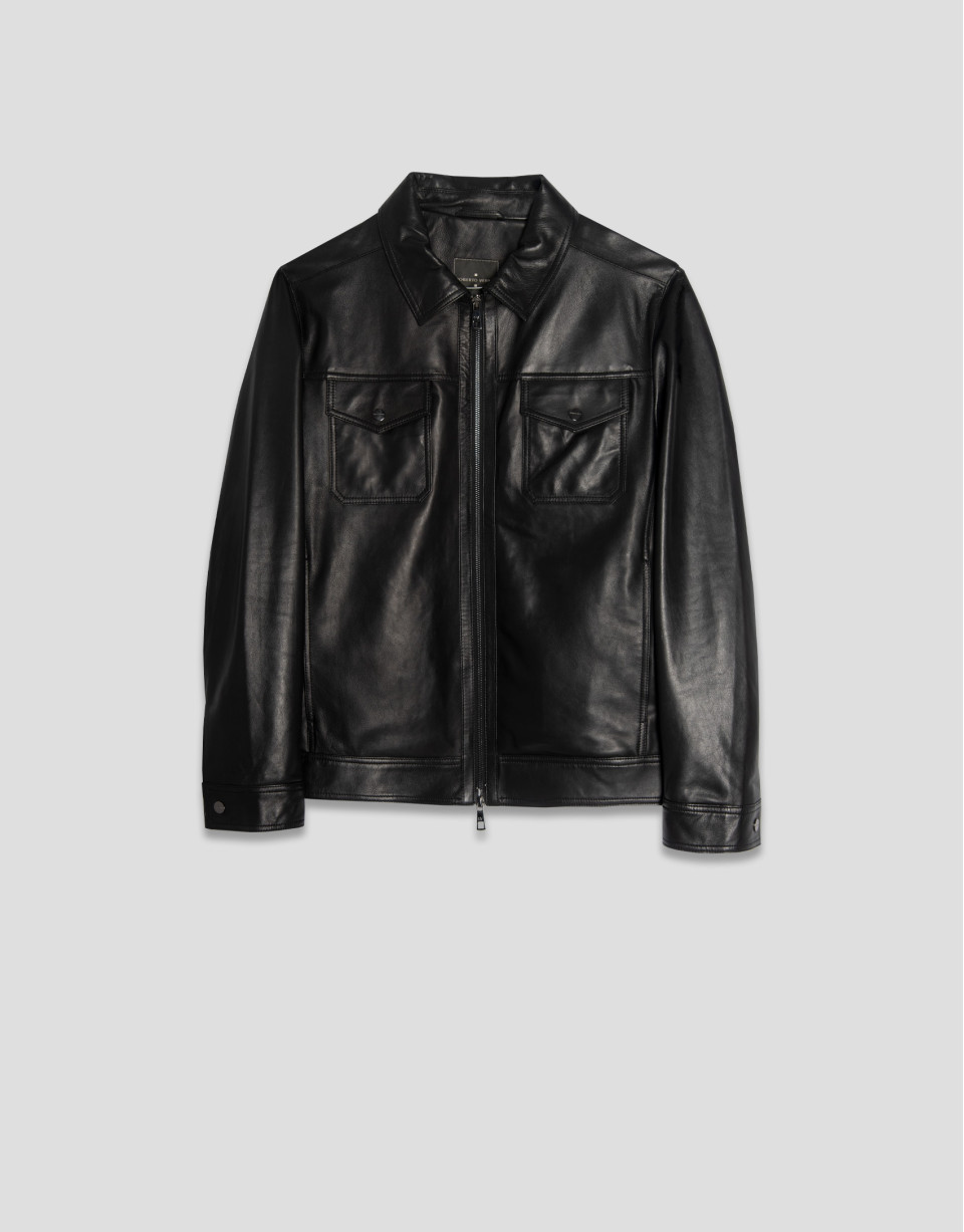 Black nappa leather jacket with chest pockets | Roberto Verino