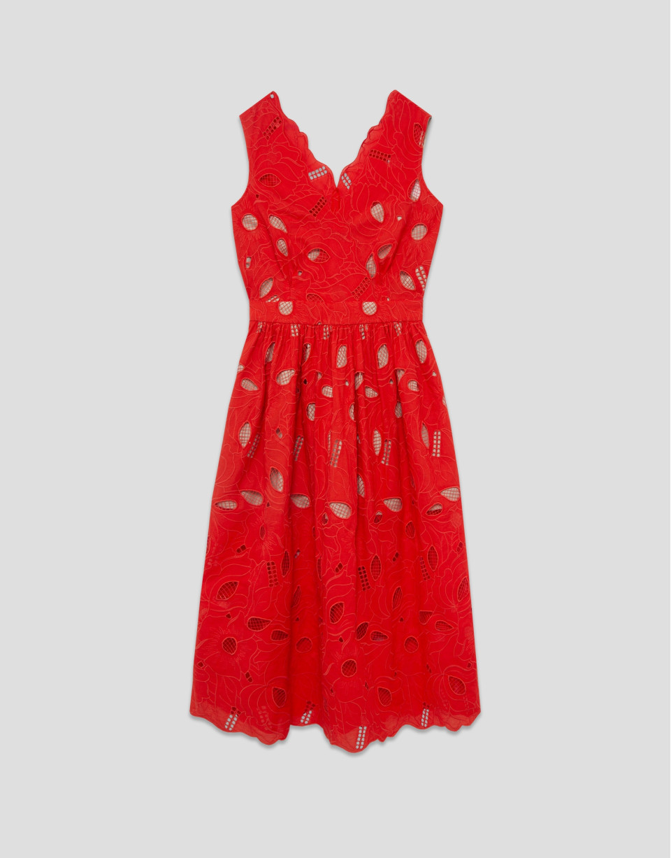 Midi sleeveless dress with red Swiss embroidery | Roberto Verino