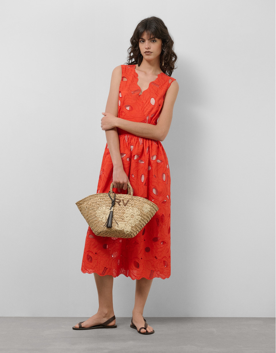 Midi sleeveless dress with red Swiss embroidery | Roberto Verino