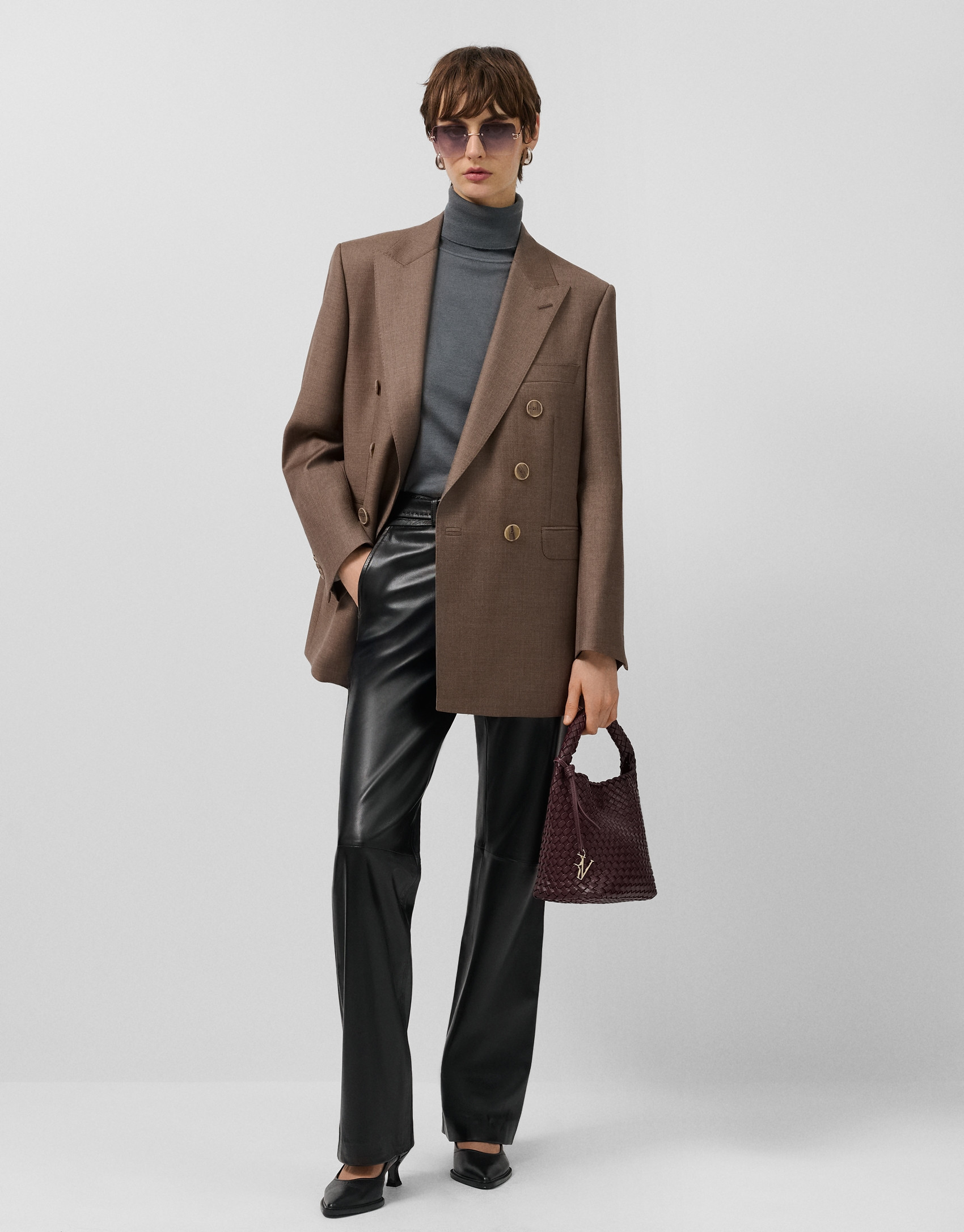 Double-breasted blazer in cool, toasted-brown... | Roberto Verino