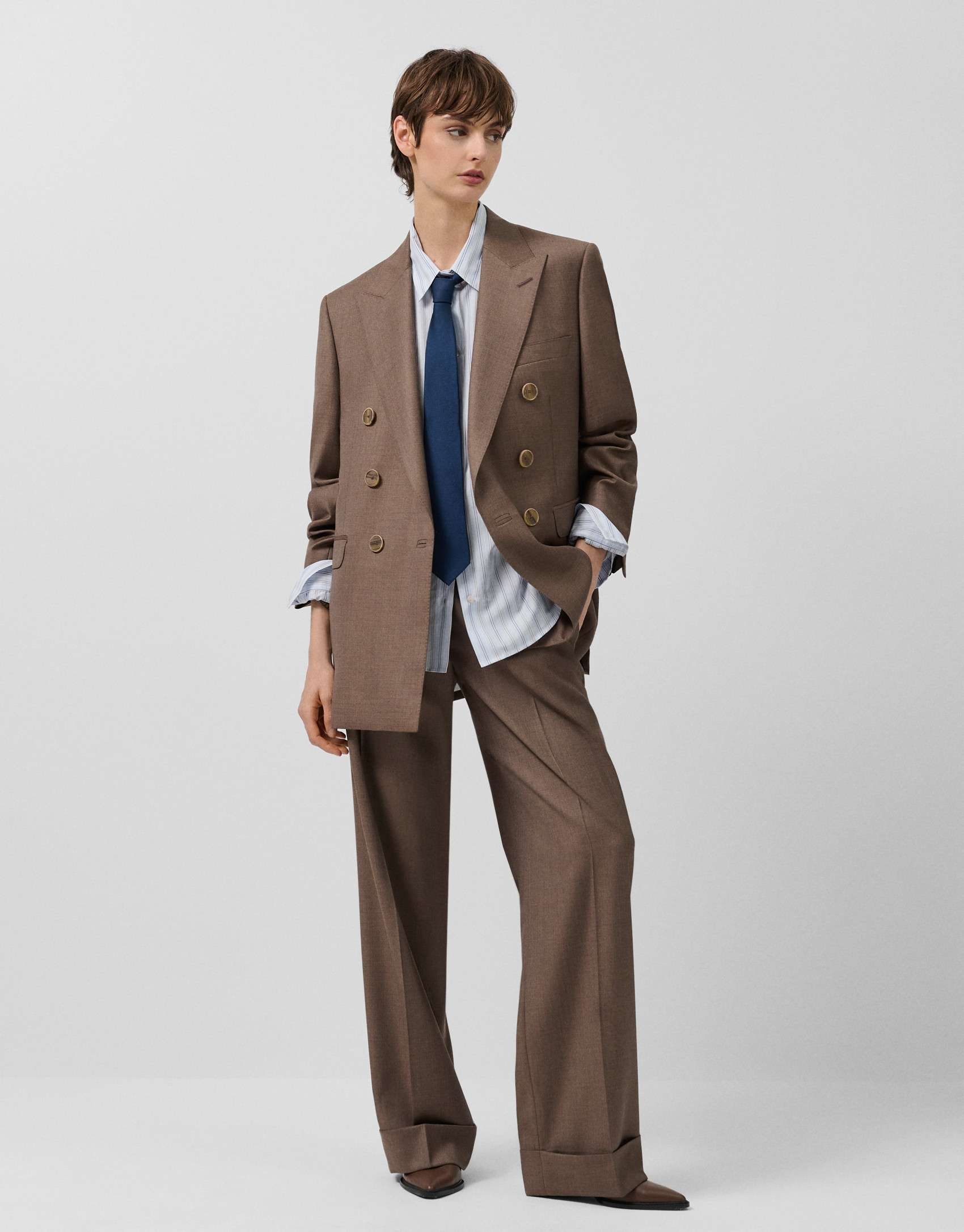 Double-breasted blazer in cool, toasted-brown... | Roberto Verino