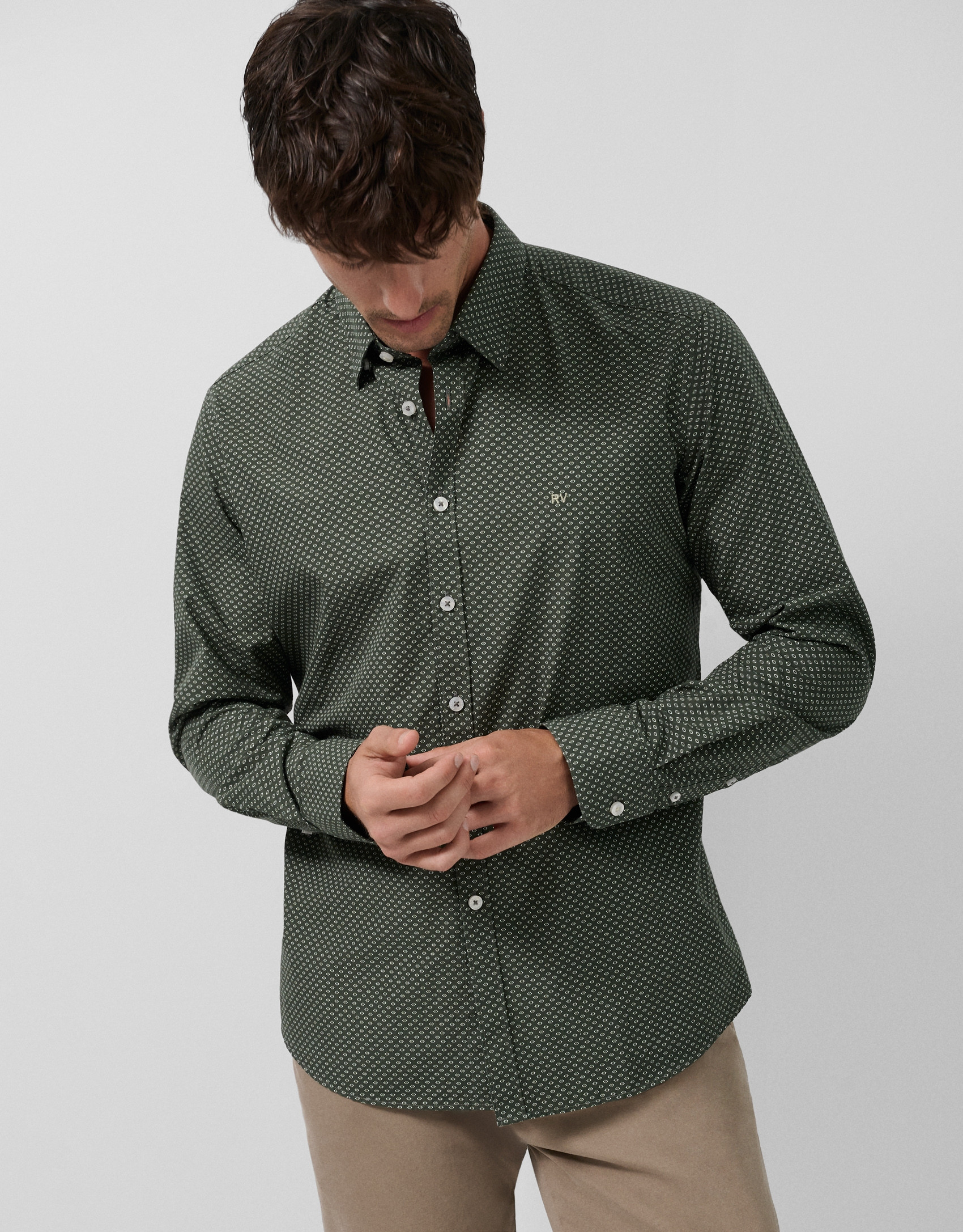 Camisa sport regular caqui estampado geométrico | Roberto Verino