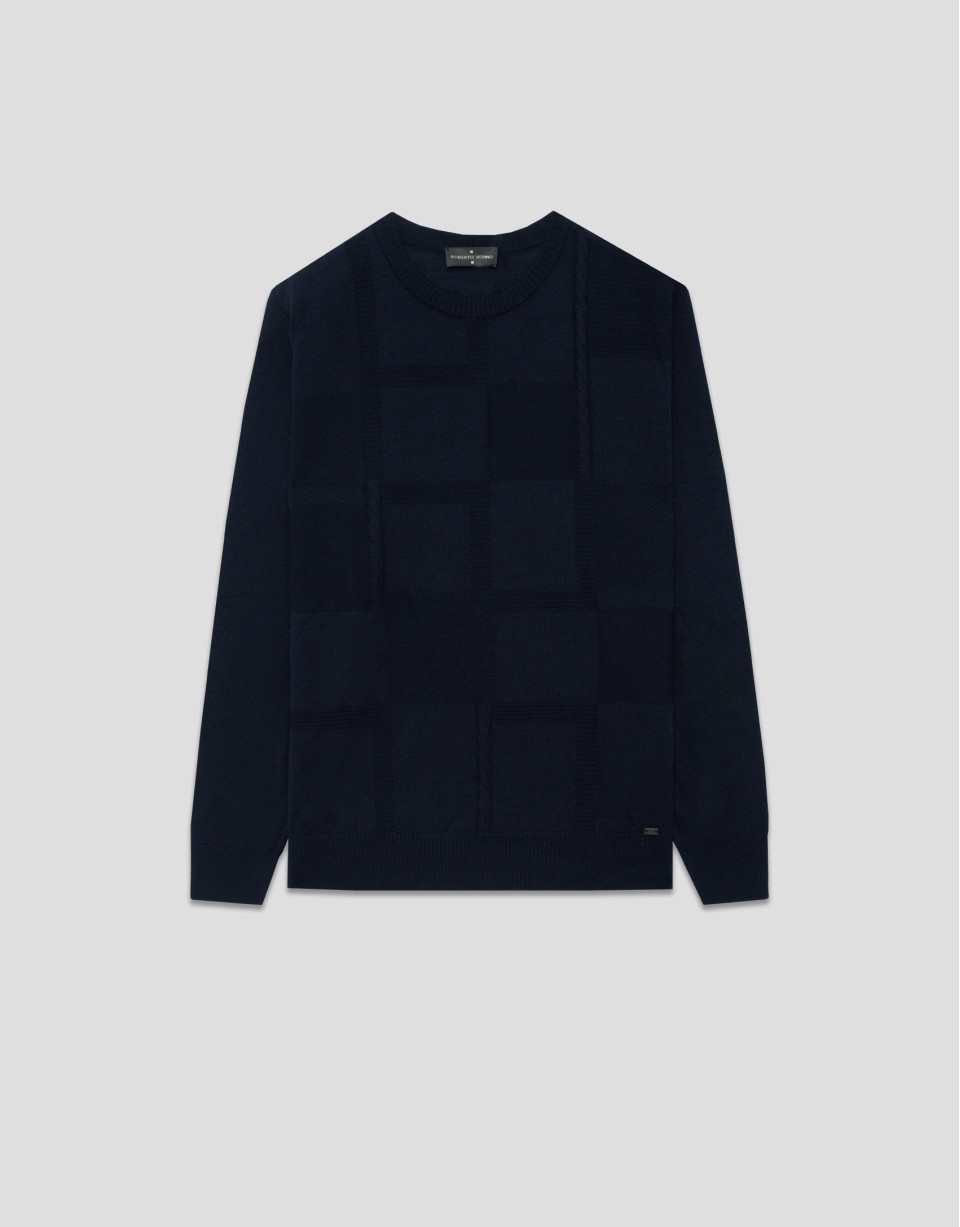 Navy wool sweater with pattern on the front | Roberto Verino