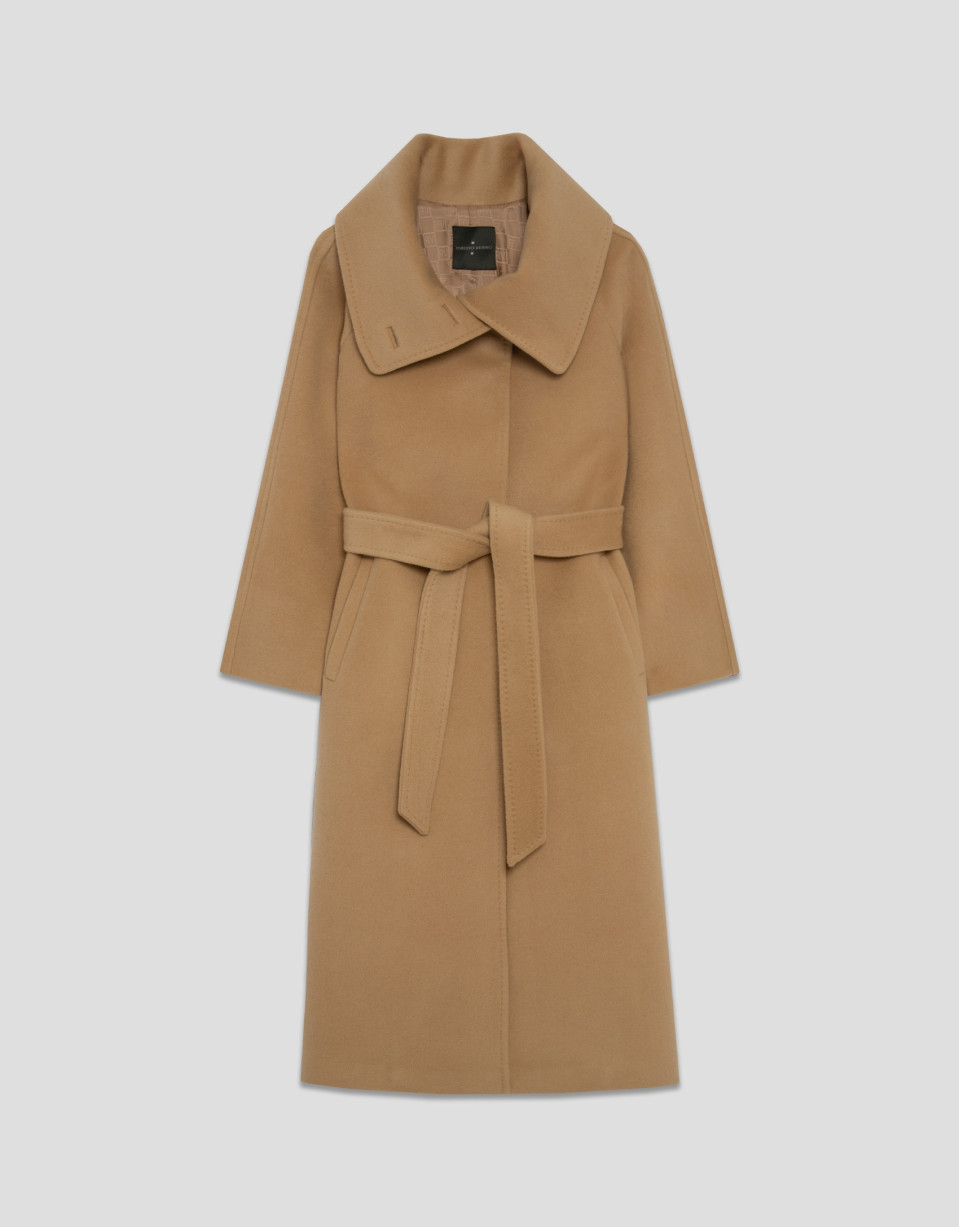 Camel wool long coat with wrap-around collar | Roberto Verino