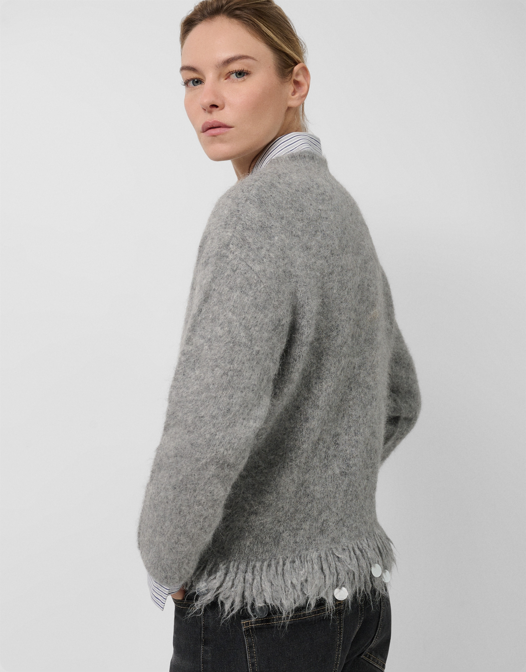Jersey oversize gris con flecos - Mujer | Roberto Verino