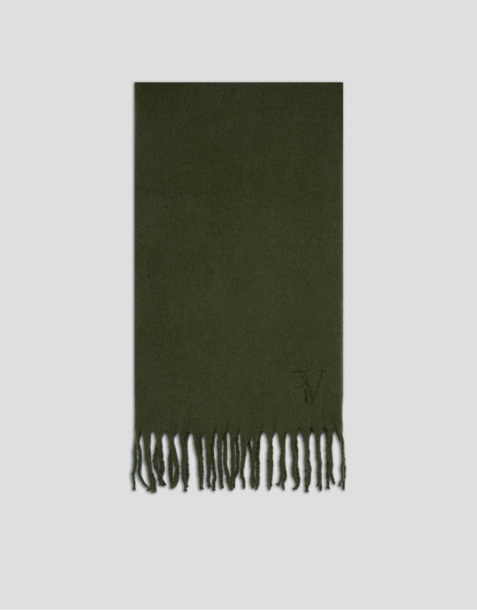 Khaki green wool scarf with embroidered RV | Roberto Verino